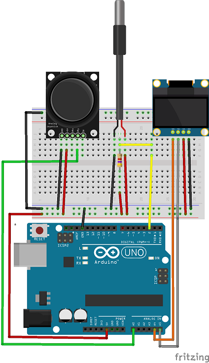 Diagrama de armado Fritzing uniendo Arduino Uno, pantalla OLED I2C, Termómetro DS18B20 con Pull-up y Joystick